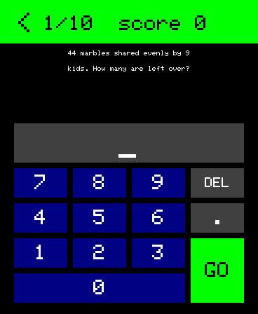 A green-headed math quiz asking how many marbles are left when 44 are shared by 9 kids, with a big number pad and a GO button.