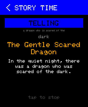 A blue-headed app called STORY TIME telling a story titled The Gentle Scared Dragon, one sentence shown on screen.