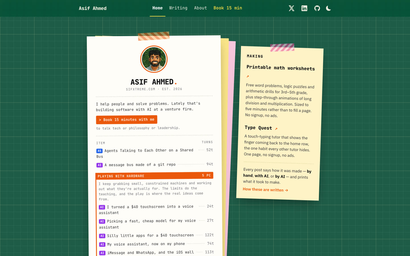The new homepage: a white receipt on a green cutting mat listing every post with a colored tag and its turn count, with a yellow Making ticket taped beside it.