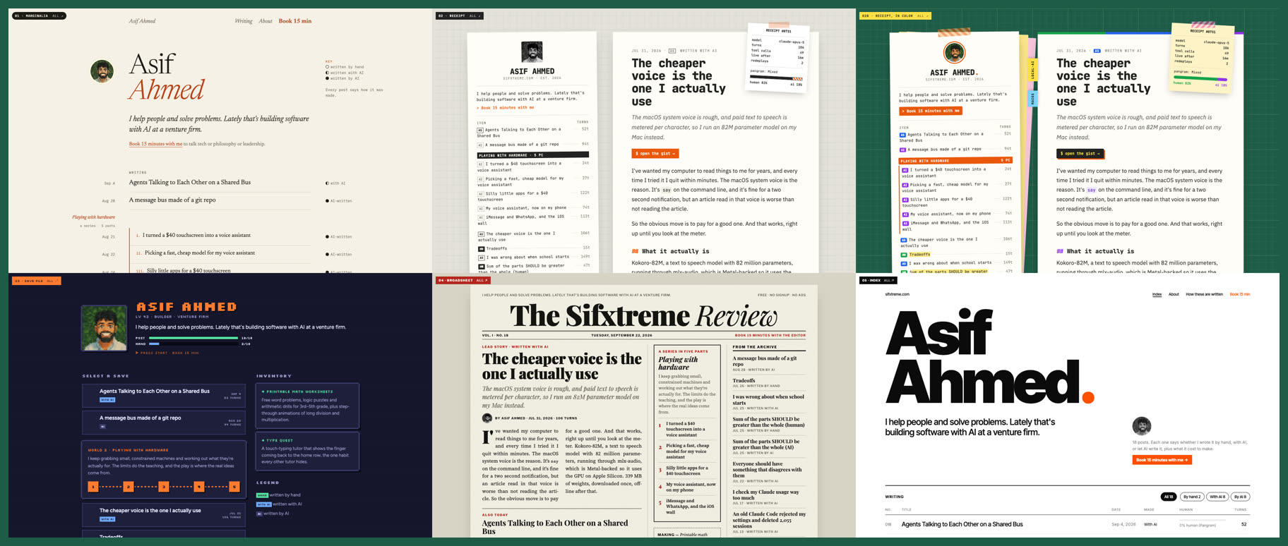 Six design mockups of this blog in a grid: 01 Marginalia, 02 Receipt, 02b Receipt in color, 03 Save File, 04 Broadsheet, 05 Index.