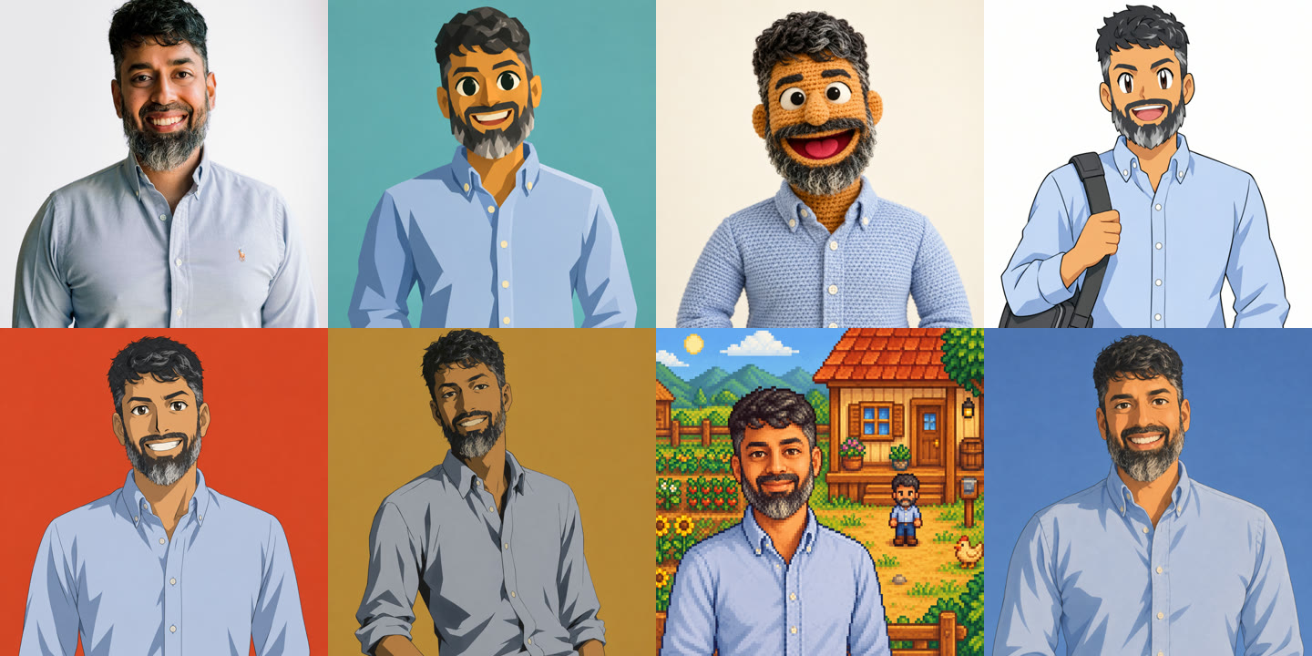 My photo, then Wind Waker, crochet puppet, bright cartoon, Fullmetal Alchemist, Samurai Champloo, Stardew Valley and Ghibli versions