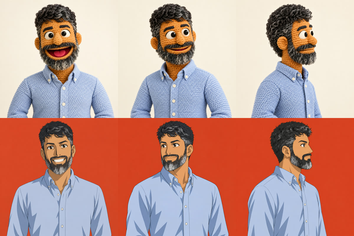 Front, three-quarter and side views for the crochet puppet and the anime version